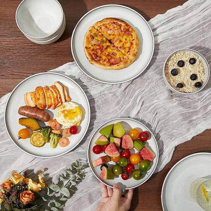 18 Piece White Stoneware Dinnerware Set for 6 Santorini Mist Terracotta Plates and Bowls with Reactive Glaze Microwave &amp Dishwasher Safe Aesthetic Ceramic Dishes for Family Meals &amp Hosting