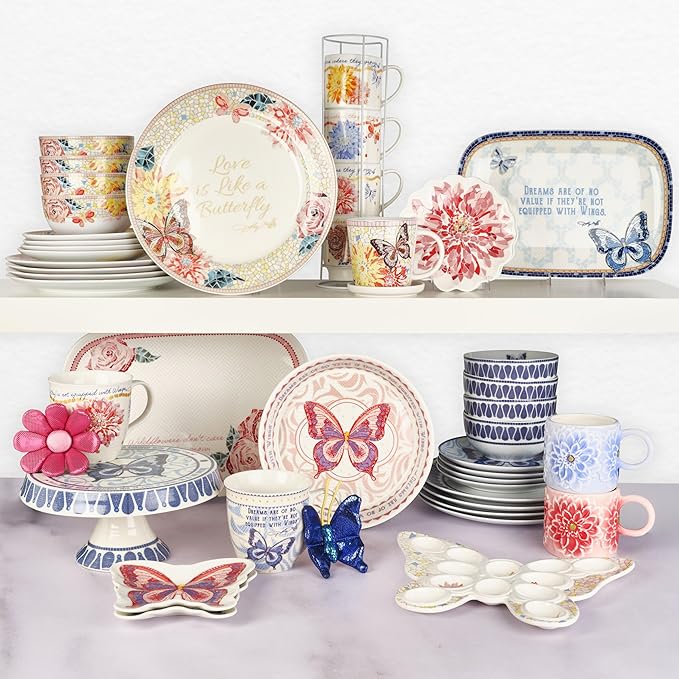 Dolly Parton 12 Piece Jeweled Mosaic Butterfly Dinnerware Set Porcelain Dinner Plates Salad Plates Bowls Service for 4 Microwave Dishwasher Safe