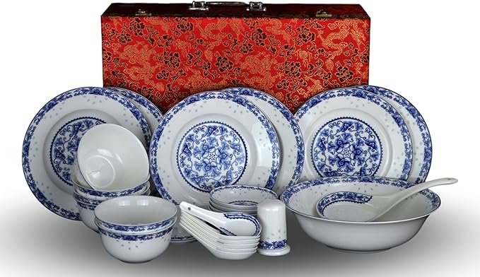 28-piece Bone China Blue and White Dinnerware Set Service for 6 Rice Bowl Set Jingdezhen (blue lotus)