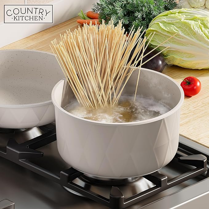 Country Kitchen Cookware Set with Removable Handle Oven &amp RV Safe Pots and Pans Set Cream Diamond Original