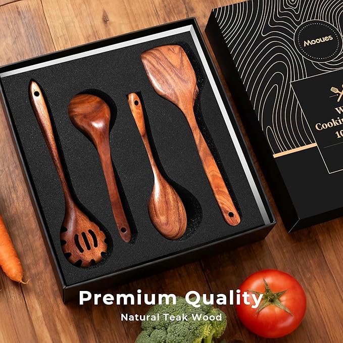 Wooden Spoons for Cooking Wooden Utensils for Cooking Natural Teak Wooden Kitchen Utensils Set Comfort Grip(10 PCS SET GIFT BOX)