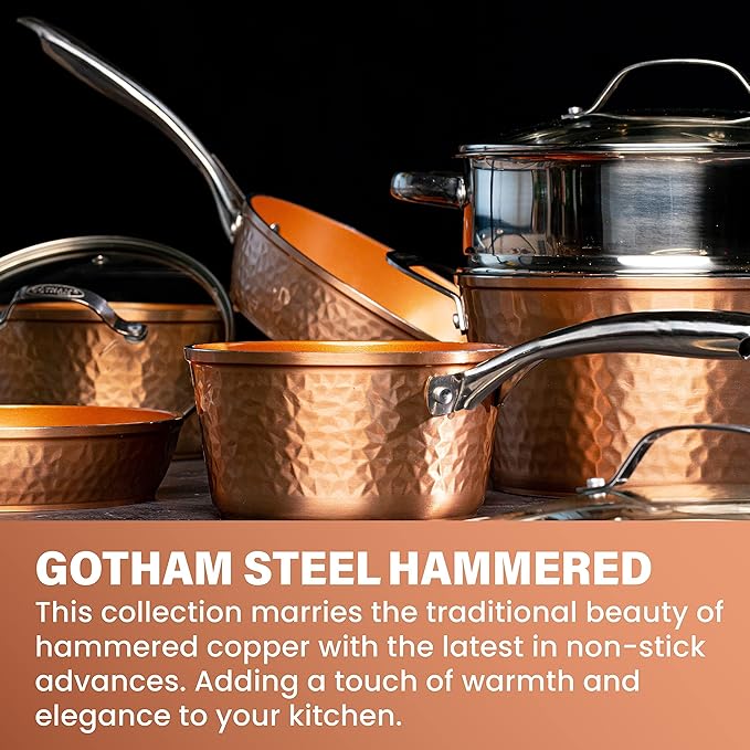 Gotham Steel Hammered Copper Collection – 20 Piece Premium Pots and Pans Set &amp Air Fryer Basket for Convection Oven 2 Piece Nonstick Copper Crisper Tray