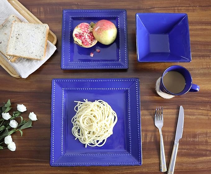 Stylish and Elegant 16 Piece Square Beaded Stoneware Dinnerware set Service for Hosting Parties and Events - Blue 16 Piece Square Beaded