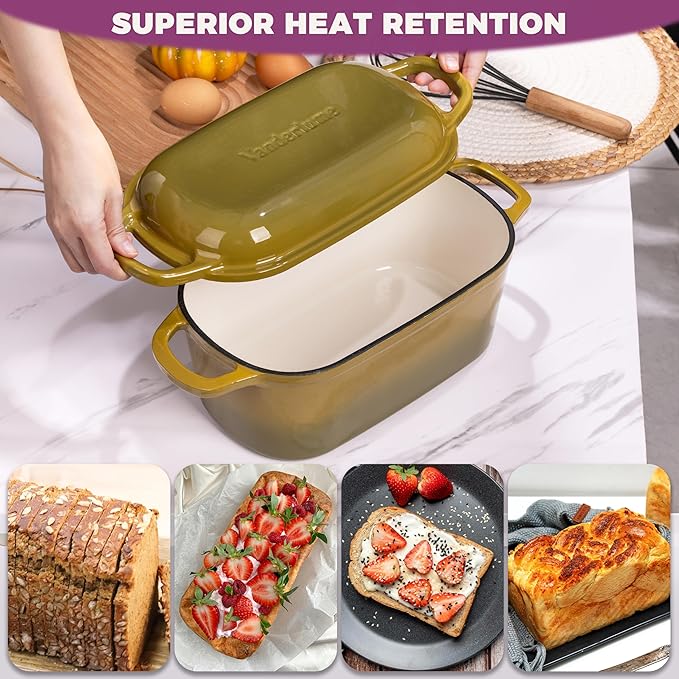 4.6-Quart Oval Dutch Oven 2 in 1 Cast Iron Bread Pan with Lid Sourdough Bread Dutch Oven for a Crispy Crust Olive