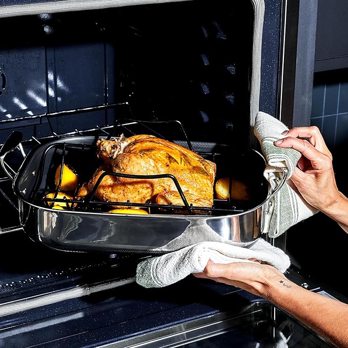 HexClad Hybrid Nonstick Small Roasting Pan with Rack Dishwasher-Friendly Oven-Safe Up to 900°F Compatible with All Cooktops