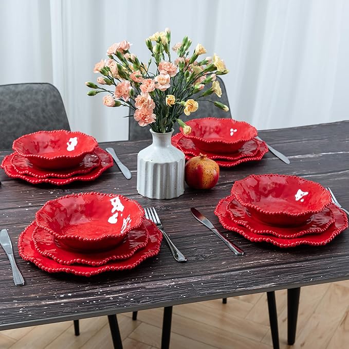 Christmas Red 18 Piece Beaded Melamine Dinnerware Sets Service for 6 Lightweight Unbreakable BPA Free With Scalloped rim Plates and Bowls Sets Dishwasher Safe Indoor and Outdoor Use