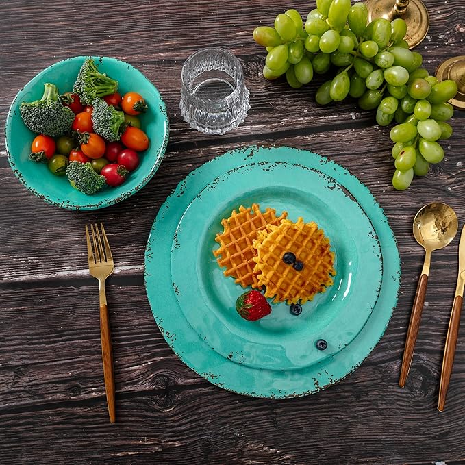 18-Piece Farmhouse Melamine Dinnerware Set - Shatterproof Lightweight and Durable Outdoor Dining Plates Bowls and Serving Dishes for Everyday Use Camping and Picnics Light Green