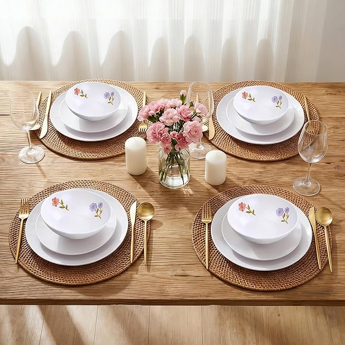 12-Piece Melamine Dinnerware Set Unbreakable Plates and Bowls Set for Outdoor Camping Picnic Party Service for 4 Shatterproof &amp Lightweight Floral Dining Dishes Set Blue Purple Red Pink