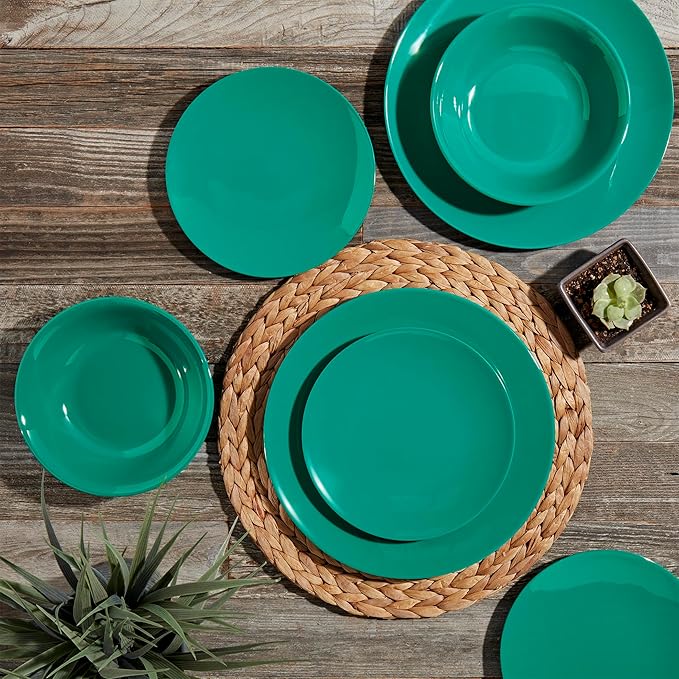 Tabletops Gallery 12 Piece Dark Green Melamine Dinnerware Set Plates Bowls for Indoor Outdoor Use Service for 4 Emerald