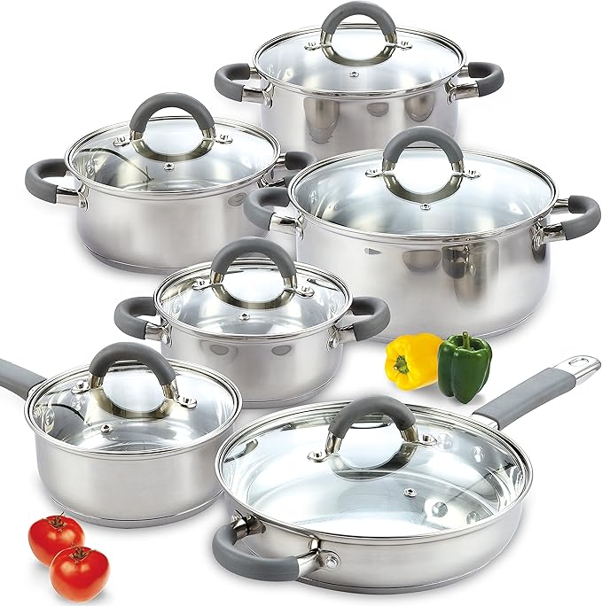 Cook N Home Stainless Steel Cookware Sets 3-Ply 12 Pcs Pots and Pans Set with Stay-Cool Handle Non-Toxic Induction-Ready Dishwasher &amp Oven Safe Combatible w/ All Cooktops