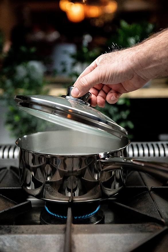 Tala Performance 5 Pc Stainless Steel Cookware Set containing Saucepans Glass lids 16 18 and 20cm. 14cm Milk pan 24cm Non-Stick Fry Pan 5 Pc Set Polished Mirror Shine Finish