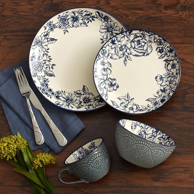 Pfaltzgraff Gabriela Blue 16-Piece Dinnerware Set Service for 4 Durable Stoneware Plates Bowls and Mugs with Elegant Blue Pattern Dishwasher Safe