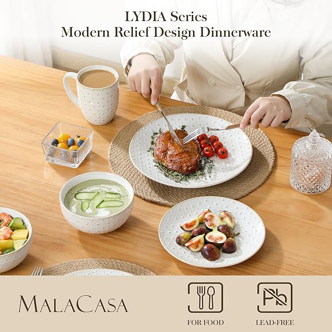 MALACASA 16 Pieces Dinnerware Sets Modern Relief Design Plates and Bowls Sets White Dish Set for 4 Kitchen Ceramic Dinner Plates Dishware Set Microwave and Dishwasher Safe Series LYDIA