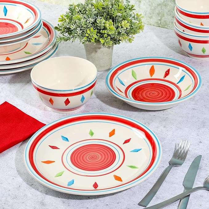 Gibson Home Heidy Hand Painted Dinnerware Set - Red Service for 4 (12pcs)