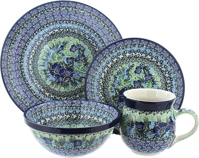 Blue Rose Polish Pottery - Blue Sapphire Fields 4 PC Place Setting - Service for 1-1 Place Setting - Great for Everyday Dining Casual Dining or as Formal Dinnerware