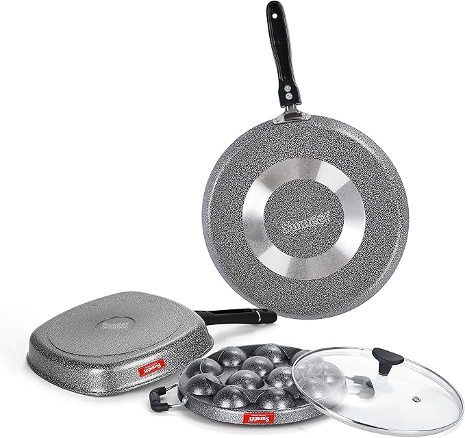 SUMEET NonStick Aluminium Cookware Set Dosa Tawa - 26.5Cm Dia Grill Appam Patra with Glass Lid - 12 Cavity - 22cm Dia Grill Pan-22cm Dia (Silver)