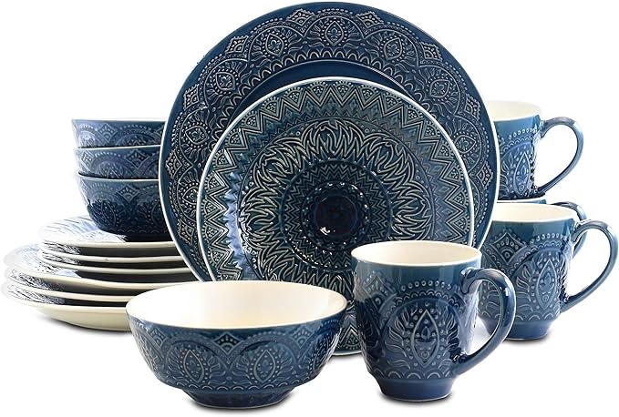 Unknown1 16 Piece Stoneware Dinnerware Set Blue Textured Casual Round Microwave Safe Medium