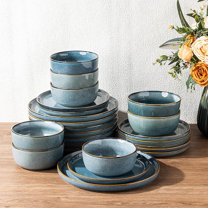 GBHOME Ceramic Dinnerware Sets for 4 12 Pieces Stoneware Plates and Bowls Sets Reactive Glaze Dishes -Scratch Resistant Dishwasher&ampMicrowave Safe Space Blue