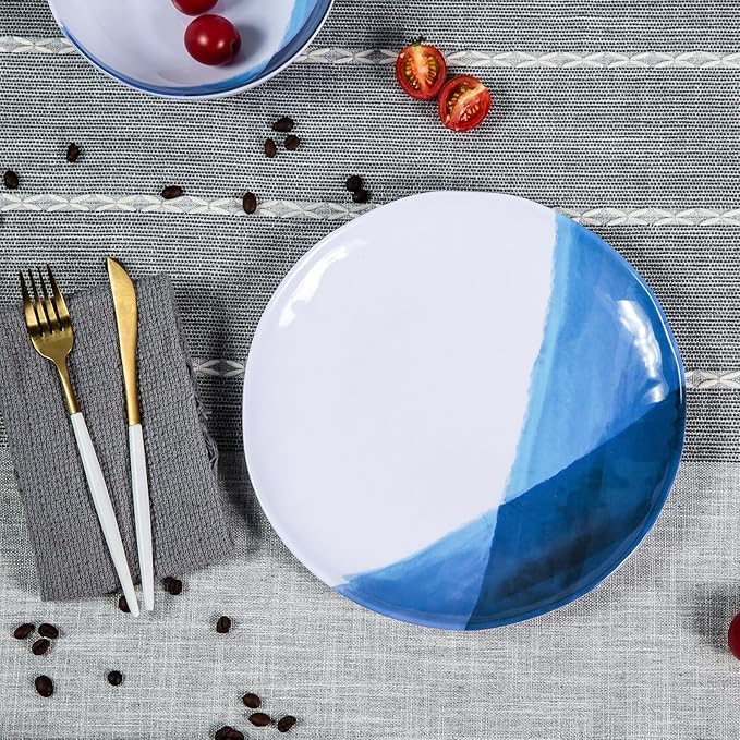 Webbylee Melamine Dinnerware Set for 4-12pcs Melamine Plates and Bowls Set for Indoor/Outdoor Use Scratch-Resistant Dish SetLightweight&ampDishwasher Safe Blue Dinnerware