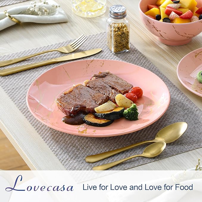 LOVECASA Pink Dinnerware Sets for 4 12 Piece Porcelain Plates and Bowls Sets Gold Splash Dish Set Modern Ceramic Dinner Set Dishwasher Microwave Safe