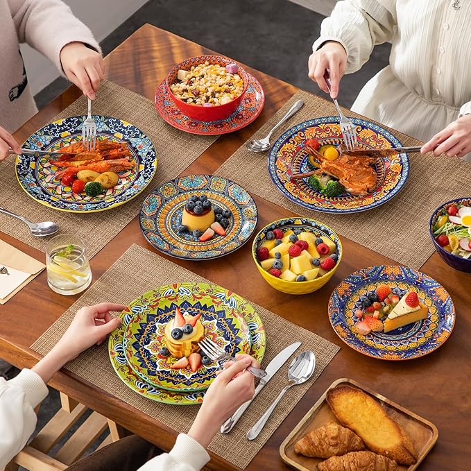 vancasso 18 Pieces Plates and Bowls Set Bohemian Style Dinnerware Sets Service for 6 Porcelain Boho Dishes Set for Kitchen Housewaring Gift Dishwasher and Microwave Safe Series KRVI