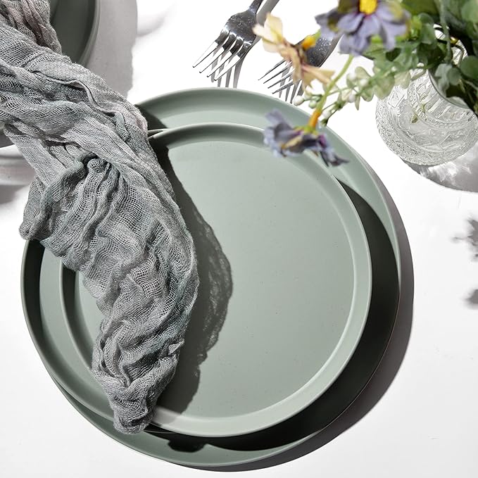 FINE&ampNICE 12Pcs Melamine Dinnerware Sets Plates and Bowls Sets for 4 Unbreakable and Lightweight Dishes Set for Indoor and Outdoor Use BPA Free Dishwasher Safe (Sage Green)