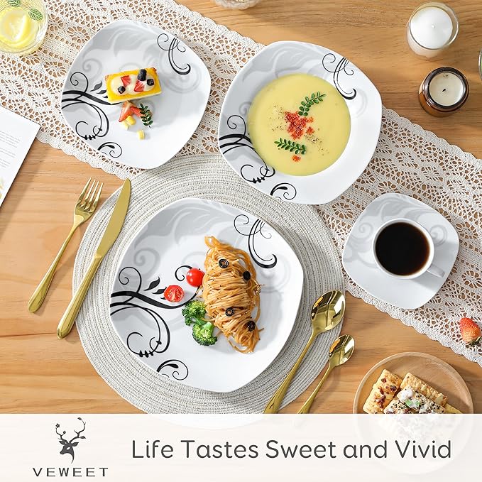 VEWEET 'Zoey' 30-Piece Dinner Set Ivory White Black Decals Porcelain Combination Sets with Cup &amp Saucer Set Stoneware Plate Sets Service for 6 Dishwasher &amp Microwave Safe