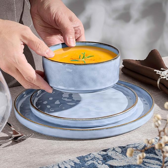 Herogo 24 Pieces Dinner Plates and Bowls Sets for 8 Stoneware Dinnerware Sets for Kitchen Dining Reactive Glaze Dishwasher &amp Microwave Safe Haze Blue