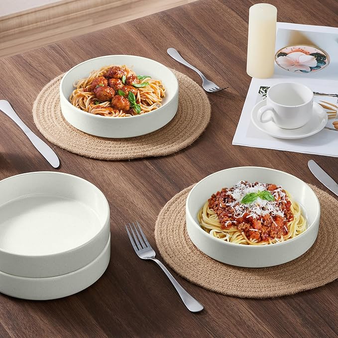 E-far Stoneware Dinnerware Sets with Pasta Bowls Set of 4 Bundle 12PCS Plates and Bowls Dish 35oz Ceramic Large Salad Bowl Plates for Serving Soup Dinner Microwave &amp Dishwasher Safe Speckled W
