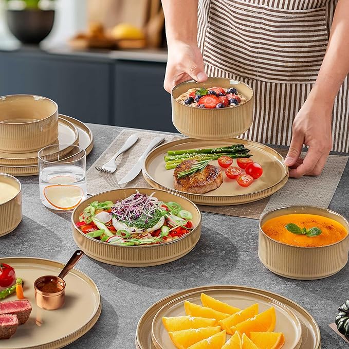 LIANYU 8 Piece Dinnerware Plates and Bowls for 2 Ceramic Elegant Stoneware Dishes Sets with Pasta Bowls Modern Ribbed Dining Ware Dishware for Restaurant Wedding Dishwasher Safe Dune Khaki