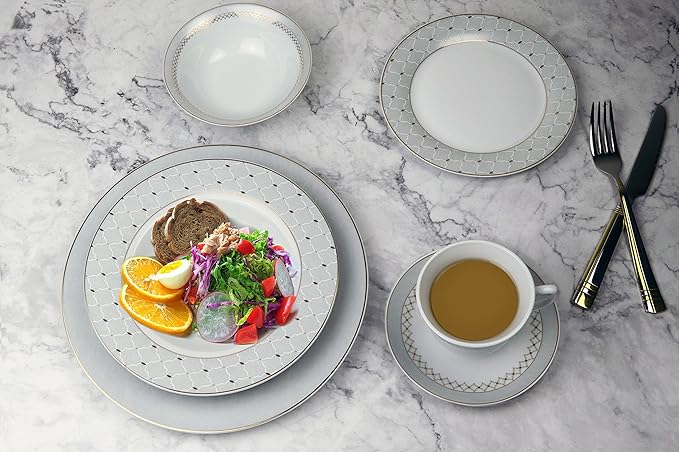 57Piece Gold Border Porcelain Dinnerware Set-Service For 8-Carlotta-Mix &amp Match