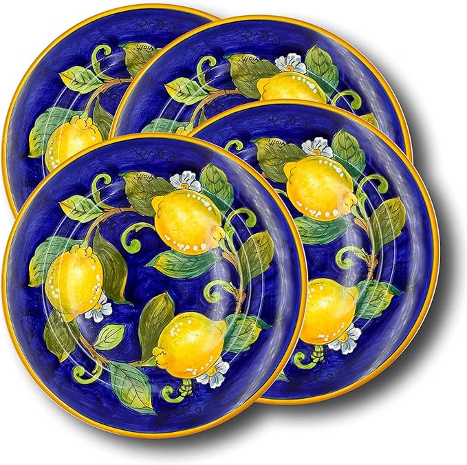 Italian Ceramic dinnerware set - Hand Painted kitchen Dishes sets for 4 - Made in ITALY Tuscany - Italian Pottery dinner plates - Home Decor Lemons Blue Ceramics dishes set - Service For 4