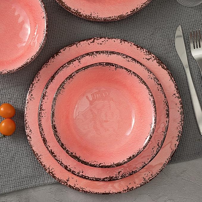 LEHAHA Melamine Dinnerware Sets Farmhouse Dinnerware Set Camping Dishes Set BPA free and Lightweight Durable Outdoor Plates and Bowls Set Service for 4 (12 piece) (Pink)