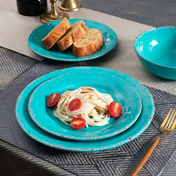 Farmhouse Melamine Plates and Bowls Set Set of 4 BPA Free 100% Melamine 12 Piece Vintage Dishes Dinnerware SetsDishwasher Safe Teal