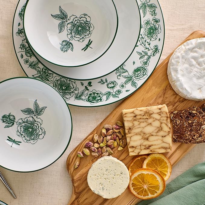 Stone Lain Esme 32-Piece Dinnerware Set Porcelain Plates and Bowls Set Cereal and Patsa Bowls Dish Set for 8 Green