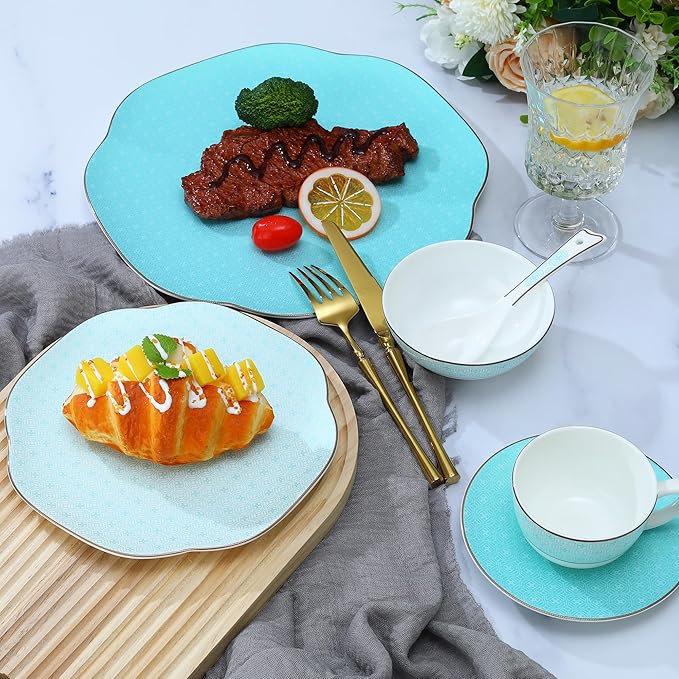 Blue 24 Piece Porcelain DinnerwareBone china set for 4Plates and Bowls Sets With Silver checkered cross pattern Highly Chip &amp Crack Resistant &amp Dishwasher (Light Blue + Checkered Cross)