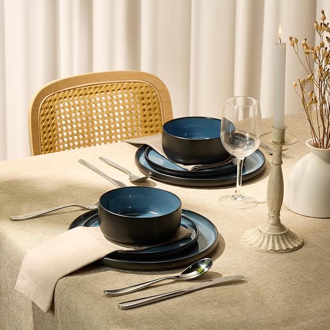 Dinnerware Set 12 Piece Service for 4 Vase and Vessel Ceramic 10.5” Dinner Plates 8.2” Salad Plates and 20 oz Bowls Stoneware Somerset Collection (Black/Slate Blue)
