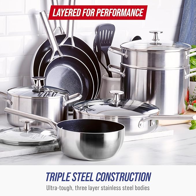 Blue Diamond 15 Piece Stainless Steel Tri-Ply Cookware Pots and Pans Set Induction Compatible Diamond Infused PFAS-Free Ceramic Nonstick Dishwasher &amp Metal Utensil Safe Scratch Resistant Silv