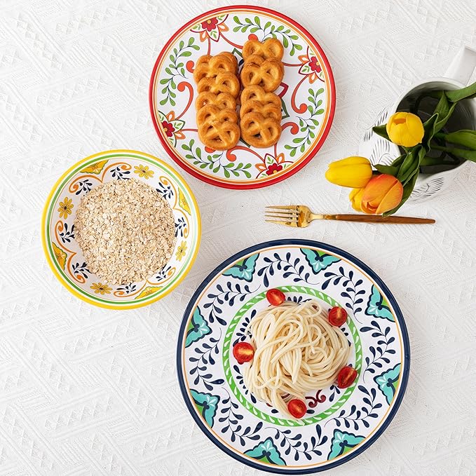 12 pcs Talavera Melamine Dinnerware Set Service for 4 Melamine Plates and Bowls Set Unbreakable Dishes Dinnerware Set Great for RVs Camping BPA Free and Dishwasher Safe