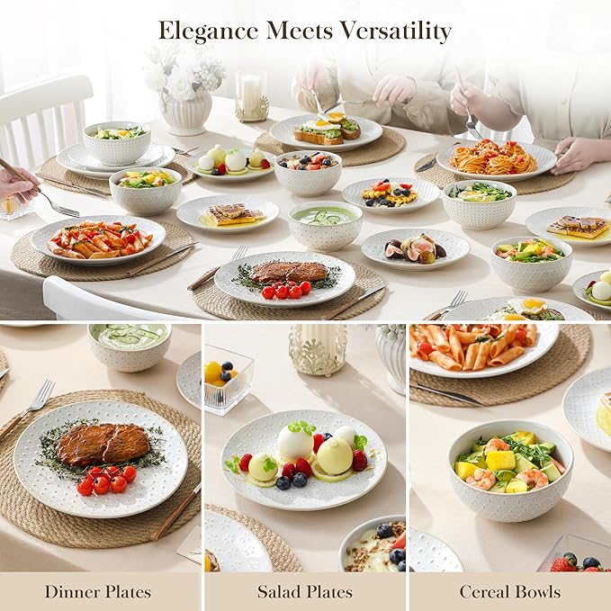 MALACASA 24 Piece Dinnerware Set Embossed Ceramic Dish Sets Service for 8 Plates and Bowls Set Durable Stoneware Tableware for Family Dinners Dishwasher &amp Microwave Safe