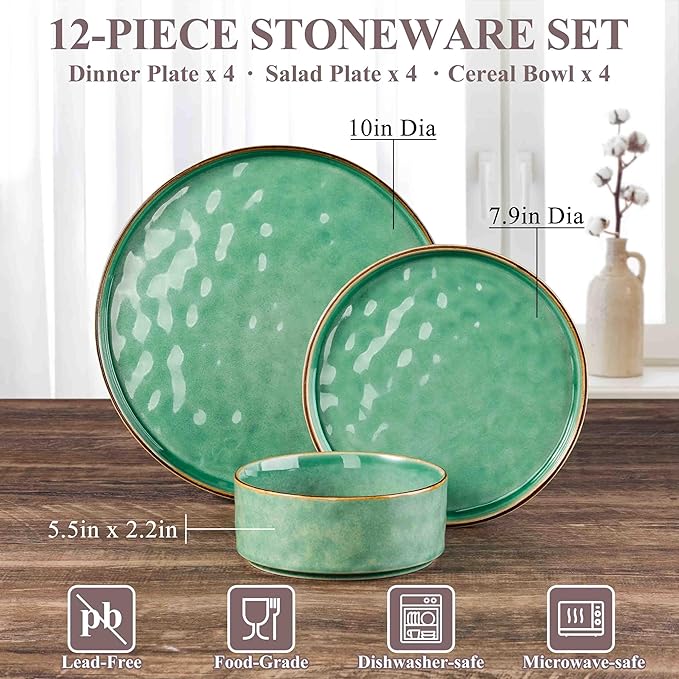 Herogo 12 Pieces Dinnerware Dish Sets for 4 Plates and Bowls Sets for Home Kitchen Ceramic Dining Dishware Dishwasher &amp Microwave Safe Gemstone Green