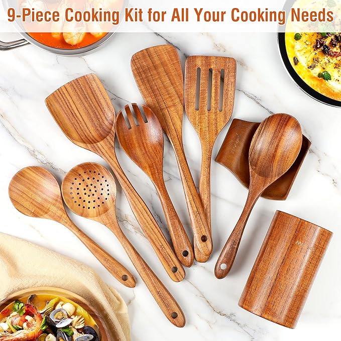 Wooden Spoons for Cooking Wooden Utensils for Cooking Natural Teak Wooden Kitchen Utensils Set Comfort Grip(9 PCS SET GIFT BOX)