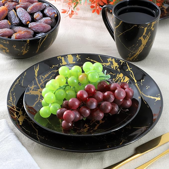 Elama Fine Marble 16 Piece Glossy Round Porcelain Dinnerware Set Black and Gold Tableware Set Serveware Set (Black)