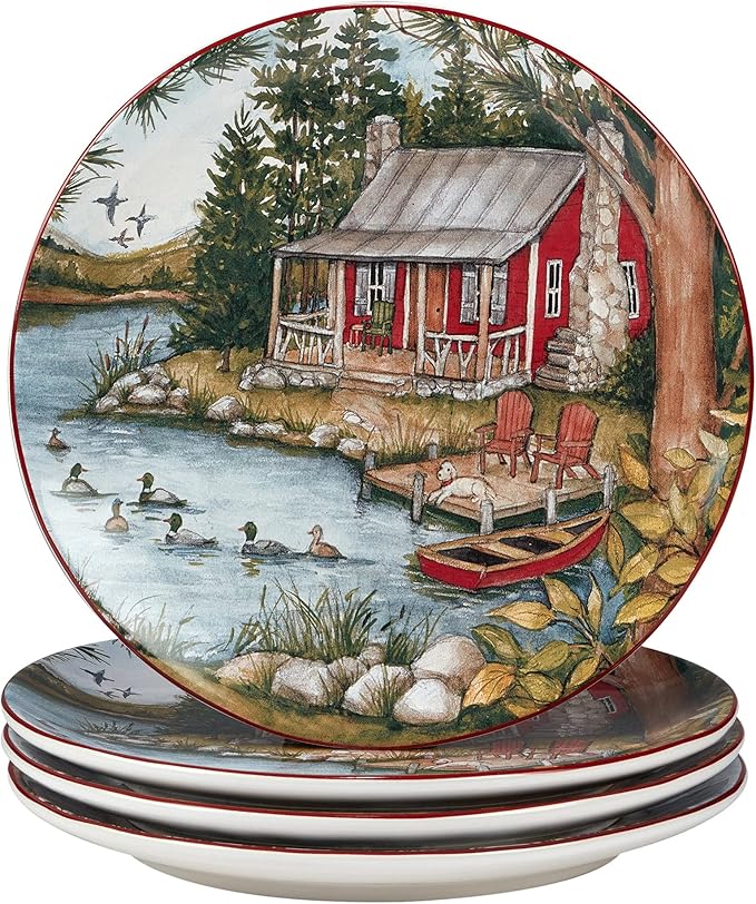 Unknown1 Lake Retreat 16 Pc Dinnerware Set Service for 4 Green Multi Color Red Animal Country Farmhouse Round Piece Dishwasher Safe Microwave