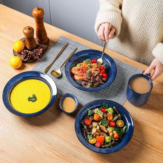 vicrays 10-Piece Dinnerware Set - Includes Wide Rim Soup BowlsDinner Plates- Microwave Oven Dishwasher Safe Porcelain Fluted for Home Party Restaurant Use - Blue