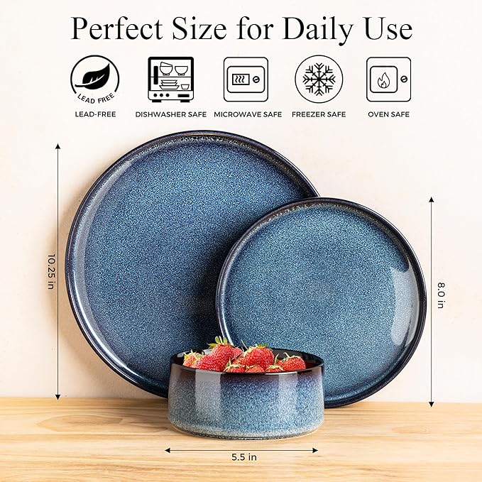 LERATIO Ceramic Dinnerware Sets for 4Round Reactive Glaze Ceramic Plates and Bowls SetHighly Chip and Crack Resistant | Dishwasher &amp Microwave Safe Dishes SetService for 4 (12pc)-Blue
