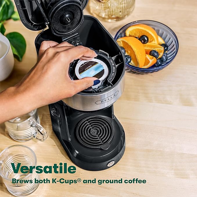 BELLA Dual Brew Single Serve Coffee Maker Brews both Kcup and Ground Coffee Large 14oz Capacity Easy One Touch Auto Shutoff Black