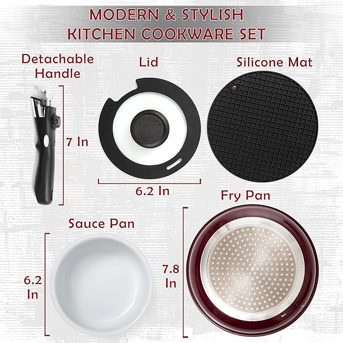 Moss &amp Stone Aluminum Pots And Pans Set Nonstick Removable Handle Cookware Stackable Pots And Pans Set Dishwasher safe Induction Pots And Pans Camping Cookware Set (5 Pcs Burgandy)