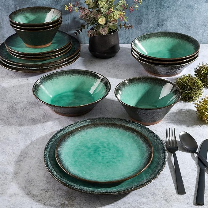 Gibson Elite Green Lantern Service for 4 (16 Piece) Double Bowl Dinnerware Set Teal Soft Gray Dinnerware Set
