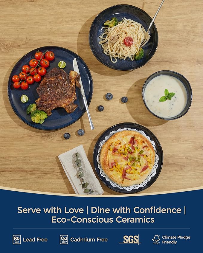 24 Pieces Dinnerware Set for 6 with Pasta Bowls Complete Ceramic Dish Set Stackable &amp Glossy Stoneware Plate and Bowl Set for Effortless Everyday Hosting Starry Blue
